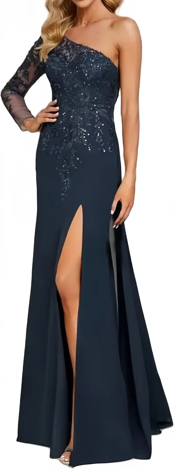 One Sleeve Mother of The Bride Dresses for Wedding Long Lace Sequin Formal Evening Dresses with Slit