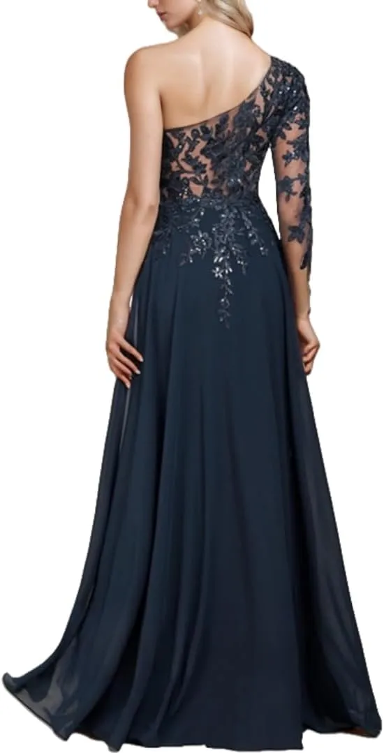 One Sleeve Mother of The Bride Dresses for Wedding Long Lace Sequin Formal Evening Dresses with Slit