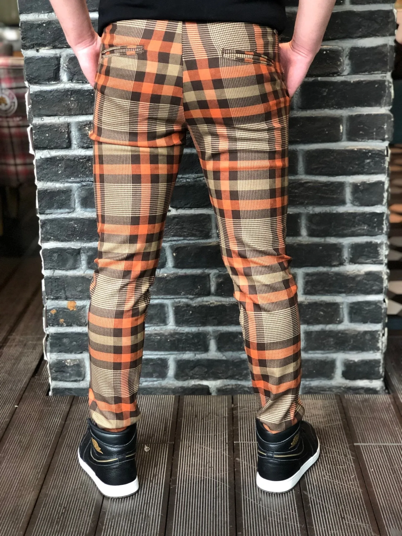Orange Brown Mixed Colour Checkered Slim Fit Casual Pant DJ125 Streetwear Pant