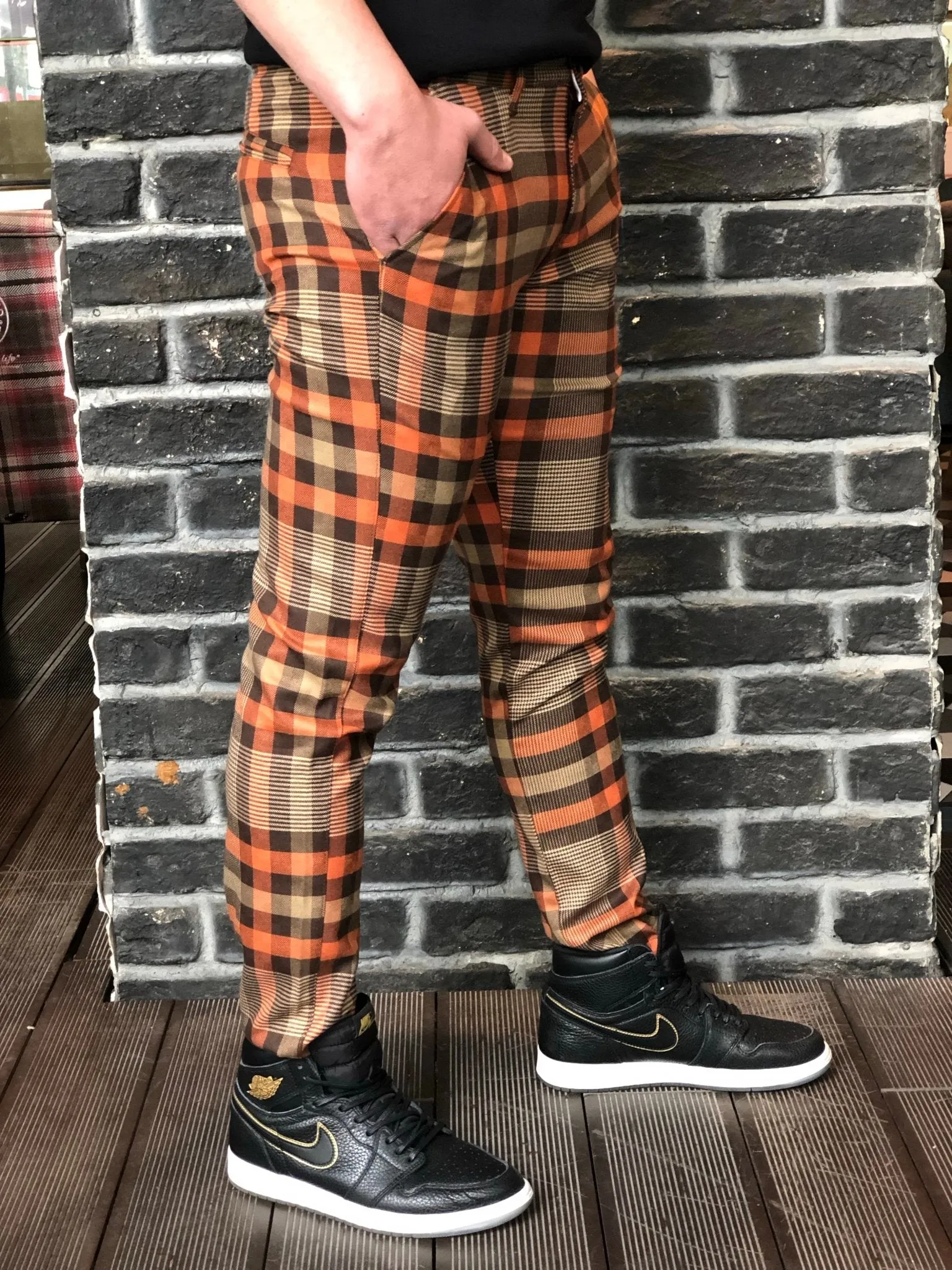 Orange Brown Mixed Colour Checkered Slim Fit Casual Pant DJ125 Streetwear Pant