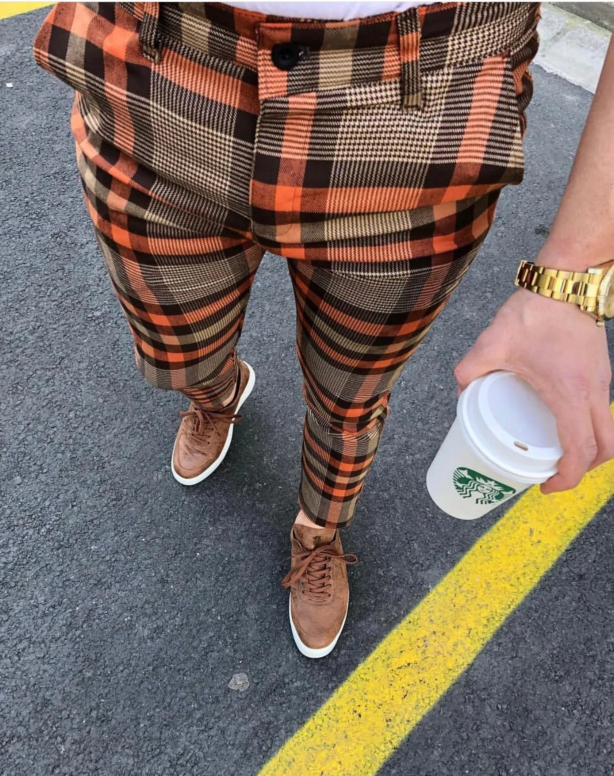 Orange Brown Mixed Colour Checkered Slim Fit Casual Pant DJ125 Streetwear Pant