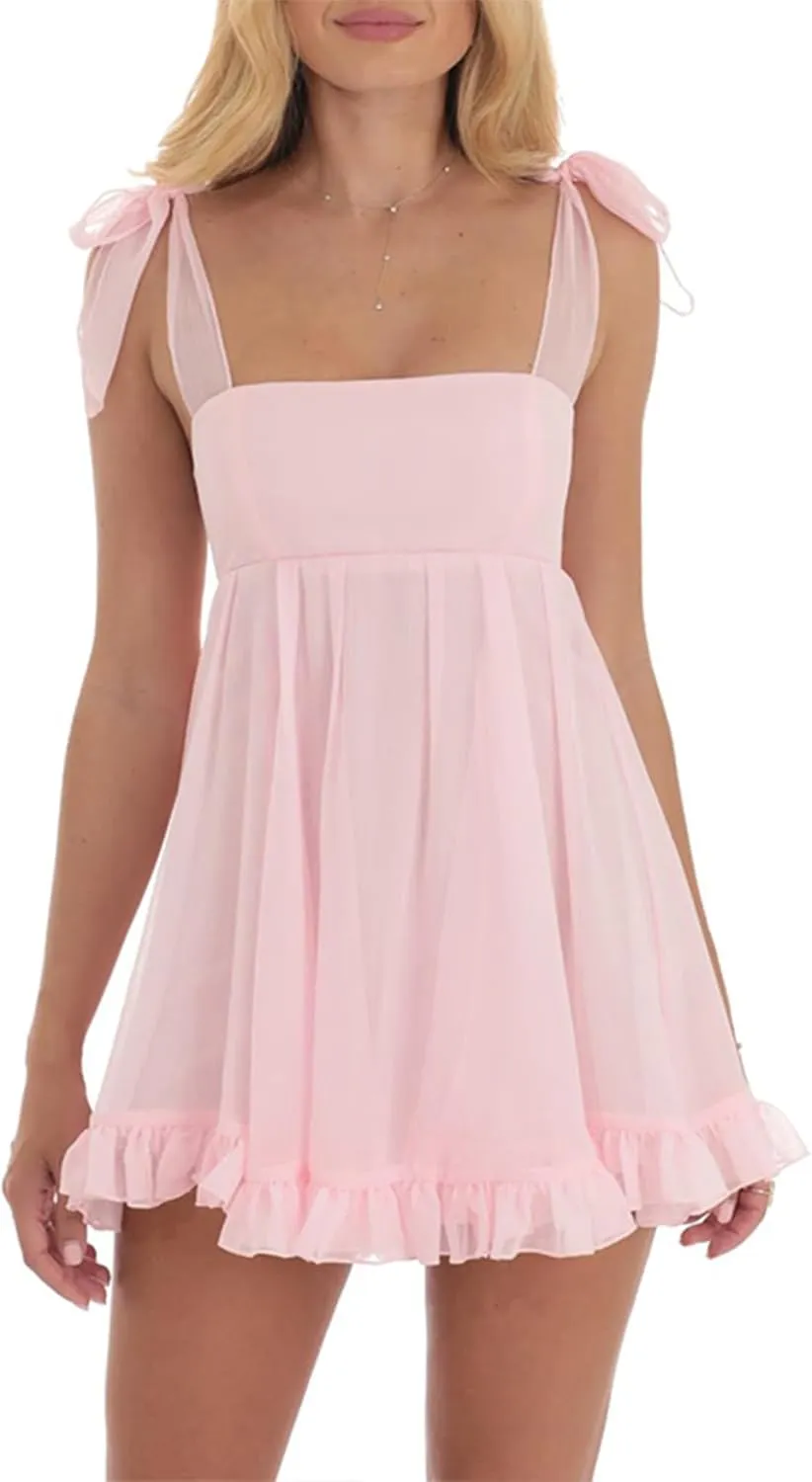 Owl's-Yard Women's Summer Mini Dress Tie Shoulder Ruffle Flowy Babydoll Dress Sleeveless Floral Print Going Out Sundress