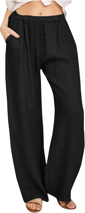 Pants for Women Summer Solid Color Straight Leg Casual Trousers Baggy Elastic High Waist Pant with Pockets