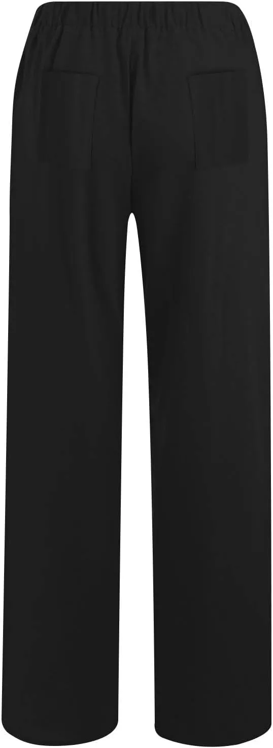 Pants for Women Summer Solid Color Straight Leg Casual Trousers Baggy Elastic High Waist Pant with Pockets