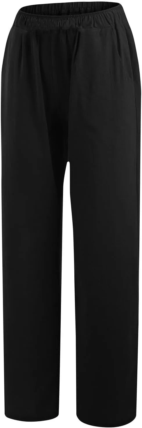 Pants for Women Summer Solid Color Straight Leg Casual Trousers Baggy Elastic High Waist Pant with Pockets