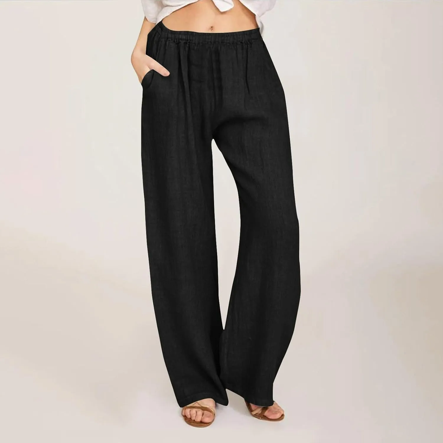 Pants for Women Summer Solid Color Straight Leg Casual Trousers Baggy Elastic High Waist Pant with Pockets