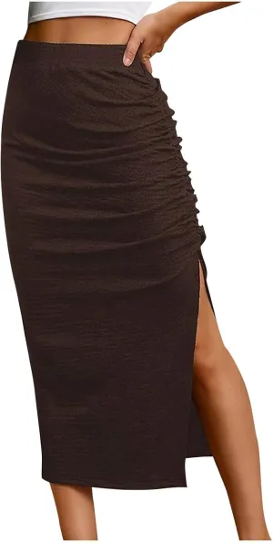 Pencil Midi Skirt for Women Casual Elastic High Waist Ruched Skirts Side Split Thigh Bodycon Summer Y2K Streetwear
