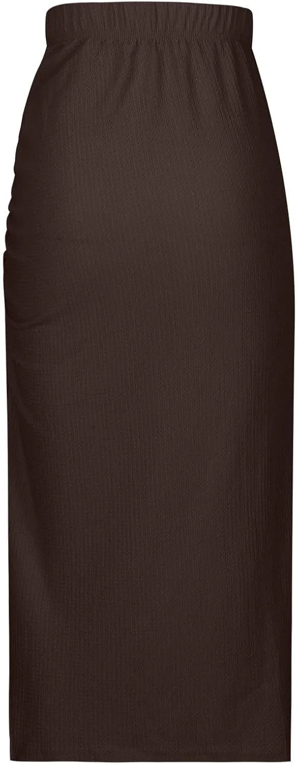 Pencil Midi Skirt for Women Casual Elastic High Waist Ruched Skirts Side Split Thigh Bodycon Summer Y2K Streetwear