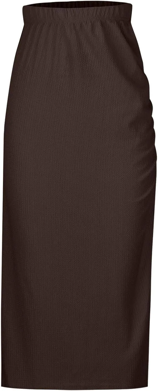 Pencil Midi Skirt for Women Casual Elastic High Waist Ruched Skirts Side Split Thigh Bodycon Summer Y2K Streetwear