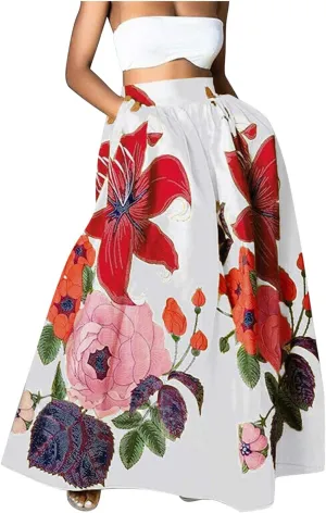 Petite Dresses for Women Floral Print Maxi Skirt High Waisted Mopping Floor Length Big Hem Skirts with Pockets