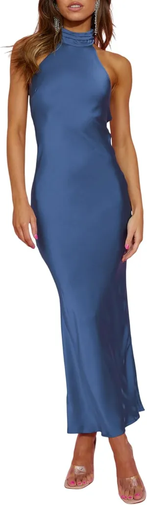 Phicia Sexy Satin Halter Neck Backless Maxi Dress for Women Elegant Tie Cowl Back Formal Wedding Guest Dress for Summer