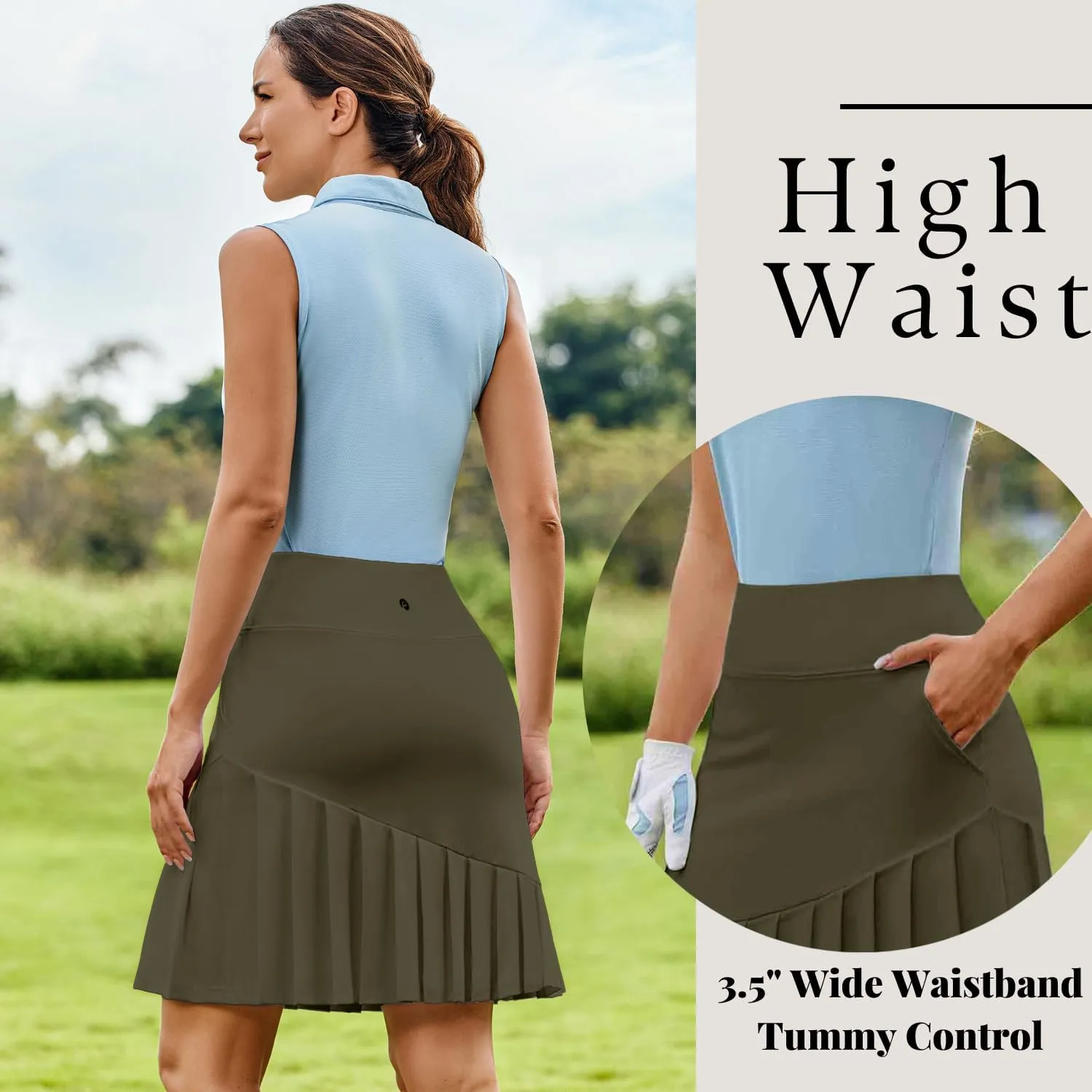 PINSPARK Golf Skirts for Women 20" Knee Length Skorts Pleated Tennis Skirts with Shorts Tummy Control Casual Modest Skirts