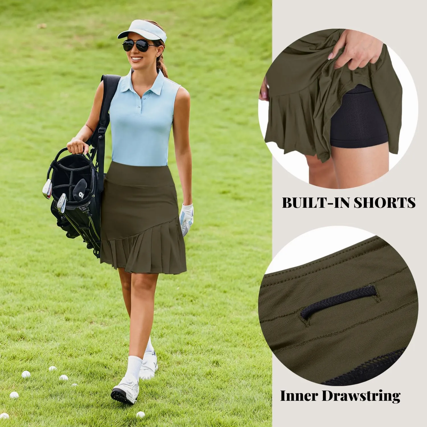 PINSPARK Golf Skirts for Women 20" Knee Length Skorts Pleated Tennis Skirts with Shorts Tummy Control Casual Modest Skirts