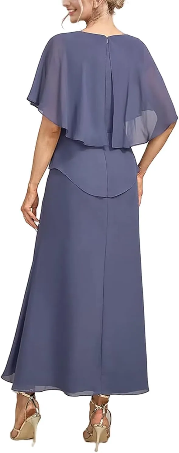 Pleated Lace Appliques Mother of The Bride Dress for Wedding Ruffles Crew Neck Formal Evening Gowns
