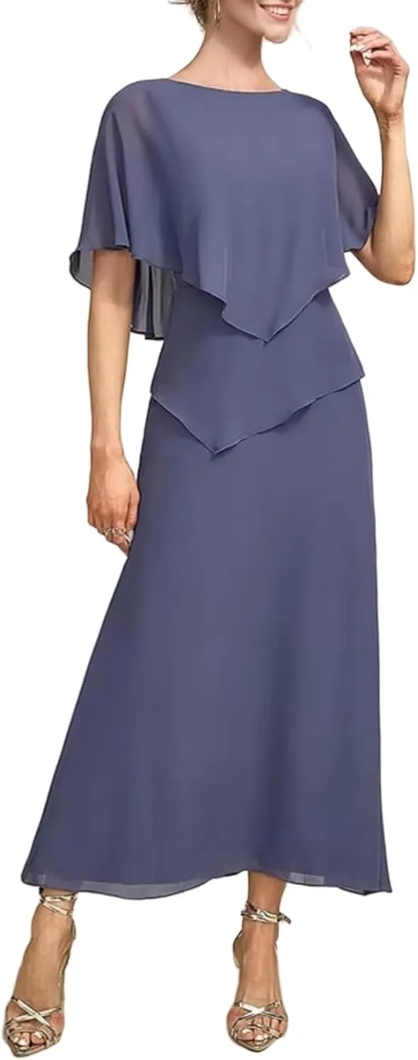 Pleated Lace Appliques Mother of The Bride Dress for Wedding Ruffles Crew Neck Formal Evening Gowns