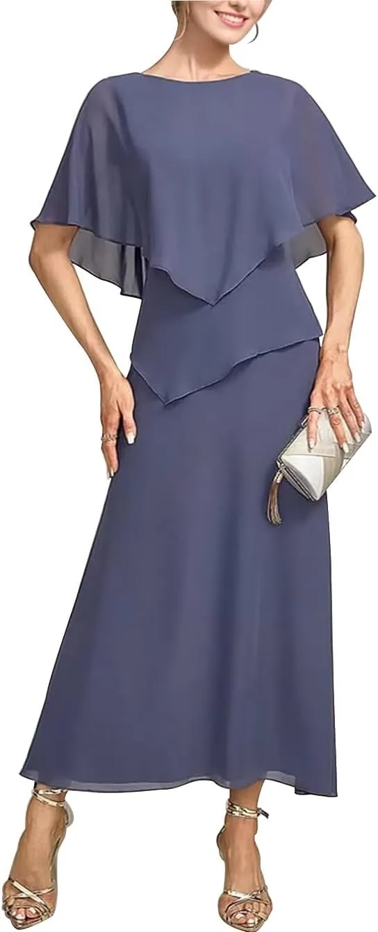 Pleated Lace Appliques Mother of The Bride Dress for Wedding Ruffles Crew Neck Formal Evening Gowns