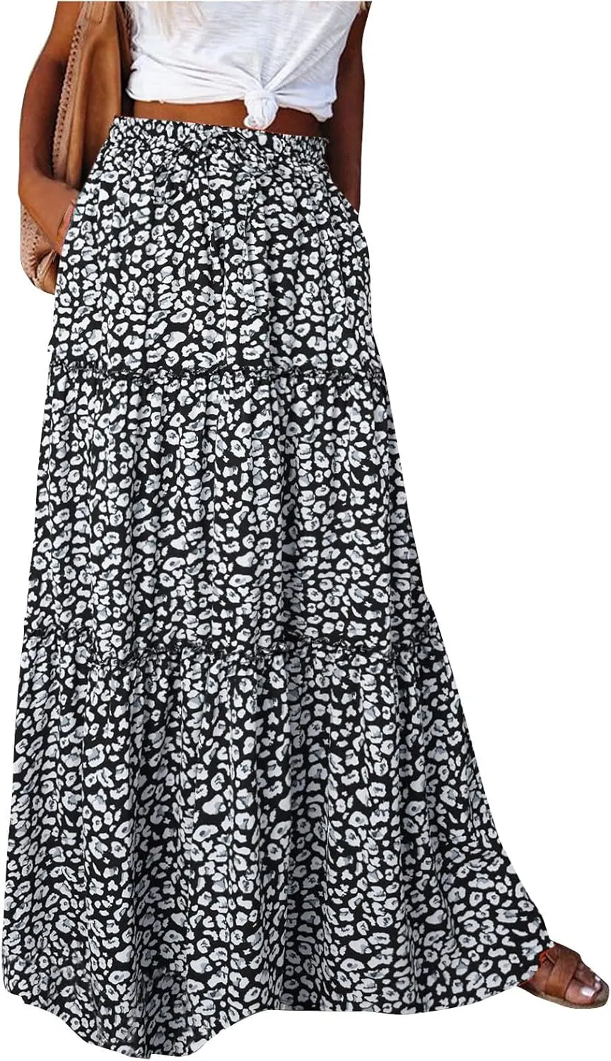 Pleated Long Skirts for Women Summer Casual Elastic High Waisted Skirts A-Line Flowy Swing Maxi Skirt with Pockets