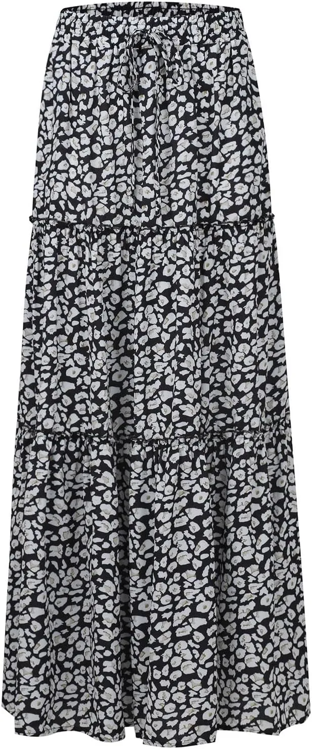 Pleated Long Skirts for Women Summer Casual Elastic High Waisted Skirts A-Line Flowy Swing Maxi Skirt with Pockets