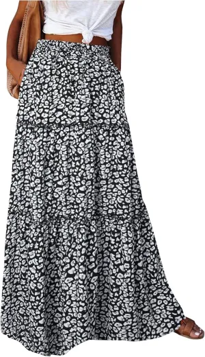 Pleated Long Skirts for Women Summer Casual Elastic High Waisted Skirts A-Line Flowy Swing Maxi Skirt with Pockets