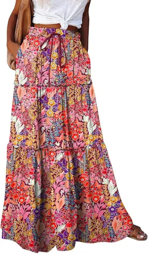 Pleated Long Skirts for Women Summer Casual Elastic High Waisted Skirts A-Line Flowy Swing Maxi Skirt with Pockets