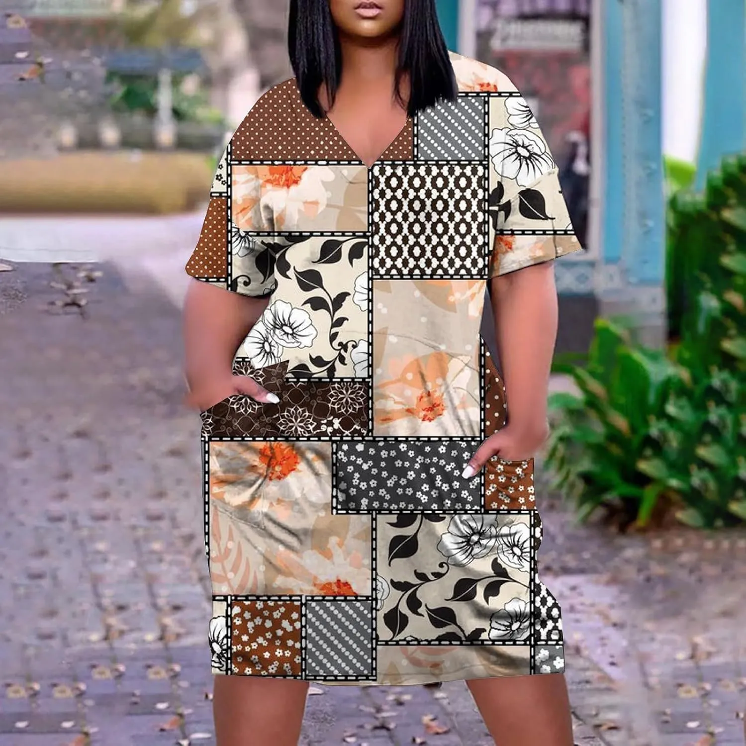 Plus Size Dresses for Curvy Women 2025 Spring Summer V Neck Short Sleeve Shirt Dress Casual Tunic Dress with Pockets
