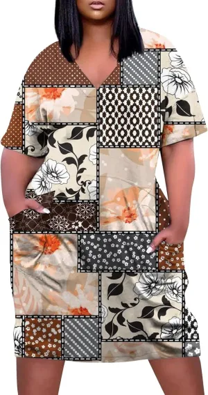 Plus Size Dresses for Curvy Women 2025 Spring Summer V Neck Short Sleeve Shirt Dress Casual Tunic Dress with Pockets