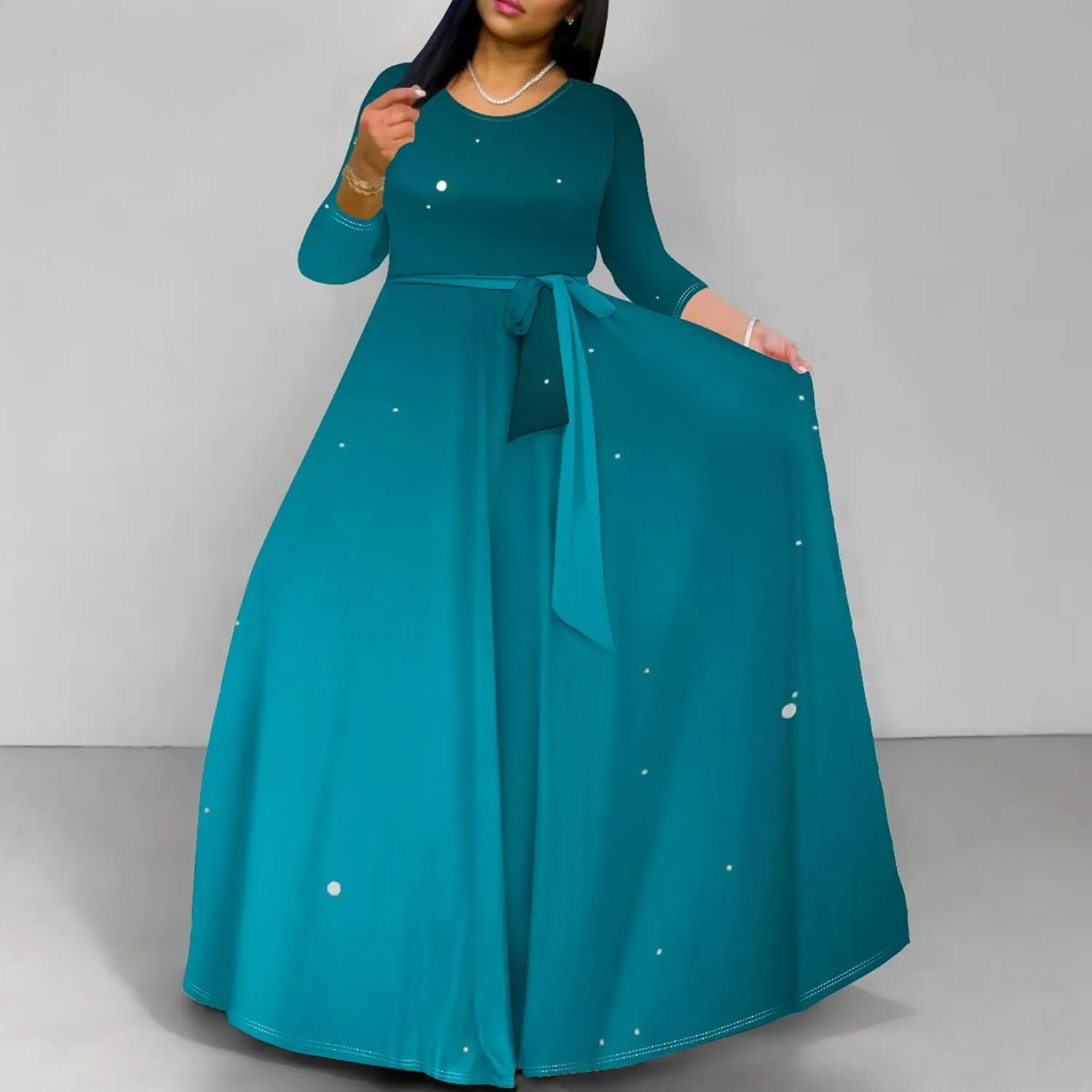 Plus Size Dresses for Curvy Women Sexy Long Sleeve Round Neck Wrap Floor Length Maxi Sundress with Belt Maxi Dress