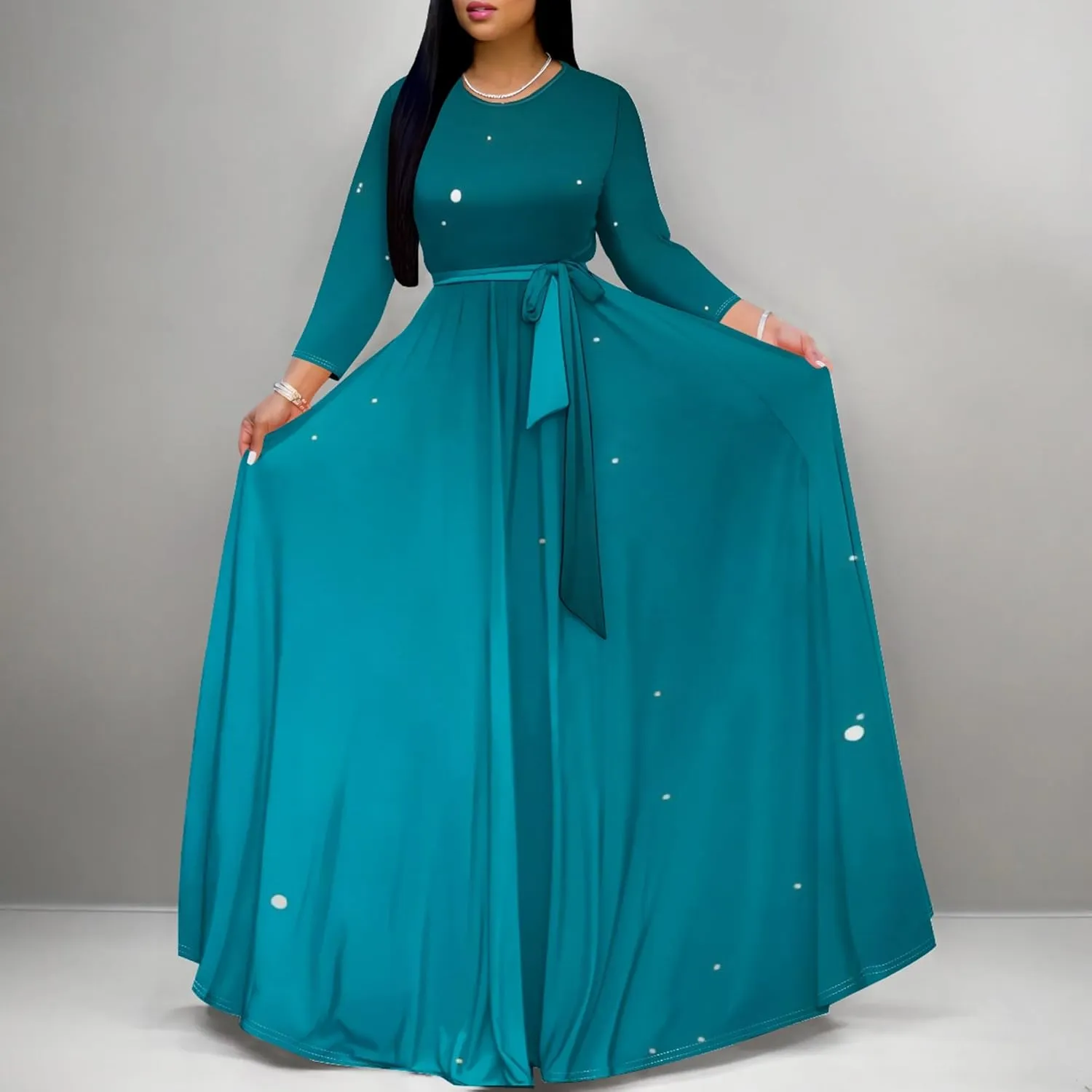 Plus Size Dresses for Curvy Women Sexy Long Sleeve Round Neck Wrap Floor Length Maxi Sundress with Belt Maxi Dress