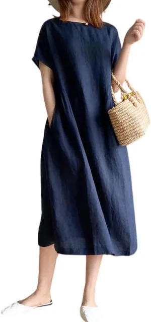 Plus Size Linen Midi Dress for Women Summer Casual Short Sleeve Sundresses Cotton Beach Dress with Pockets S-5XL