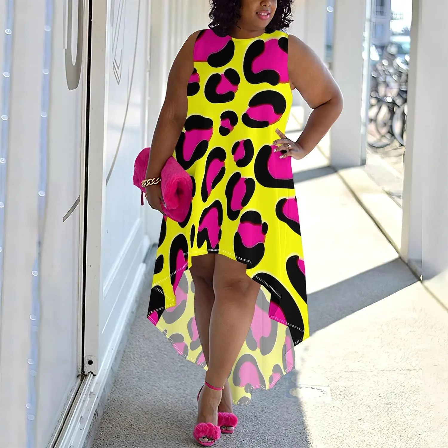Plus Size Midi Dress for Women Casual Sleeveless Sundress High Low Asymmetrical Hem Tank Dresses Beach Vacation Dress