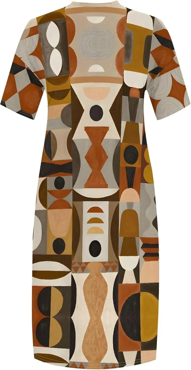 Plus Size Printed Tie-Dye Maxi Dress for Curvy Women V-Neck African Ethnic Style Dress Short Sleeves with Pockets