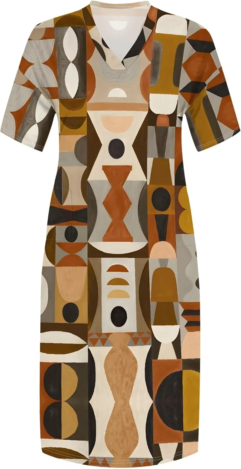 Plus Size Printed Tie-Dye Maxi Dress for Curvy Women V-Neck African Ethnic Style Dress Short Sleeves with Pockets