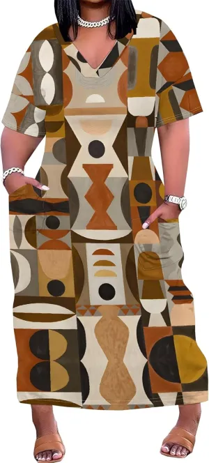 Plus Size Printed Tie-Dye Maxi Dress for Curvy Women V-Neck African Ethnic Style Dress Short Sleeves with Pockets