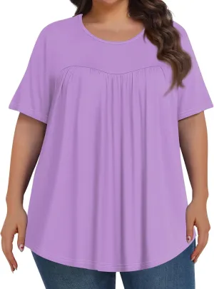 Plus Size Tops for Women Pleated Front Crewneck Short Sleeve Blouses 2024 Summer Tunic Shirts Flowy 1X-5X