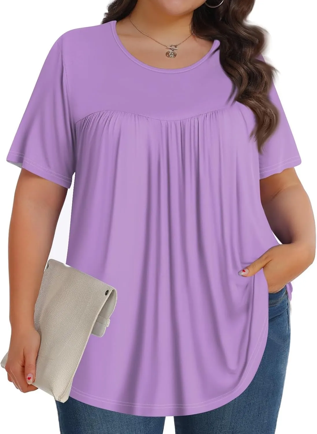 Plus Size Tops for Women Pleated Front Crewneck Short Sleeve Blouses 2024 Summer Tunic Shirts Flowy 1X-5X