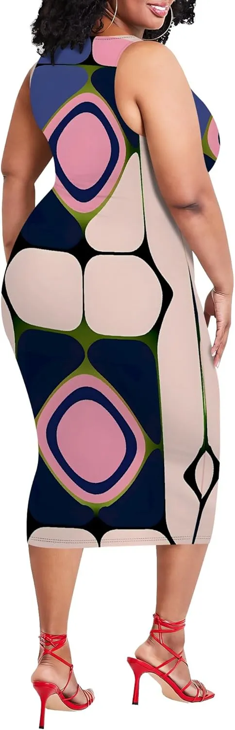 Plus Size Womens Summer Casual Sexy Sleeveless Bodycon Dress Basic Pencil Midi Club Dresses Beach Party XL-6XL