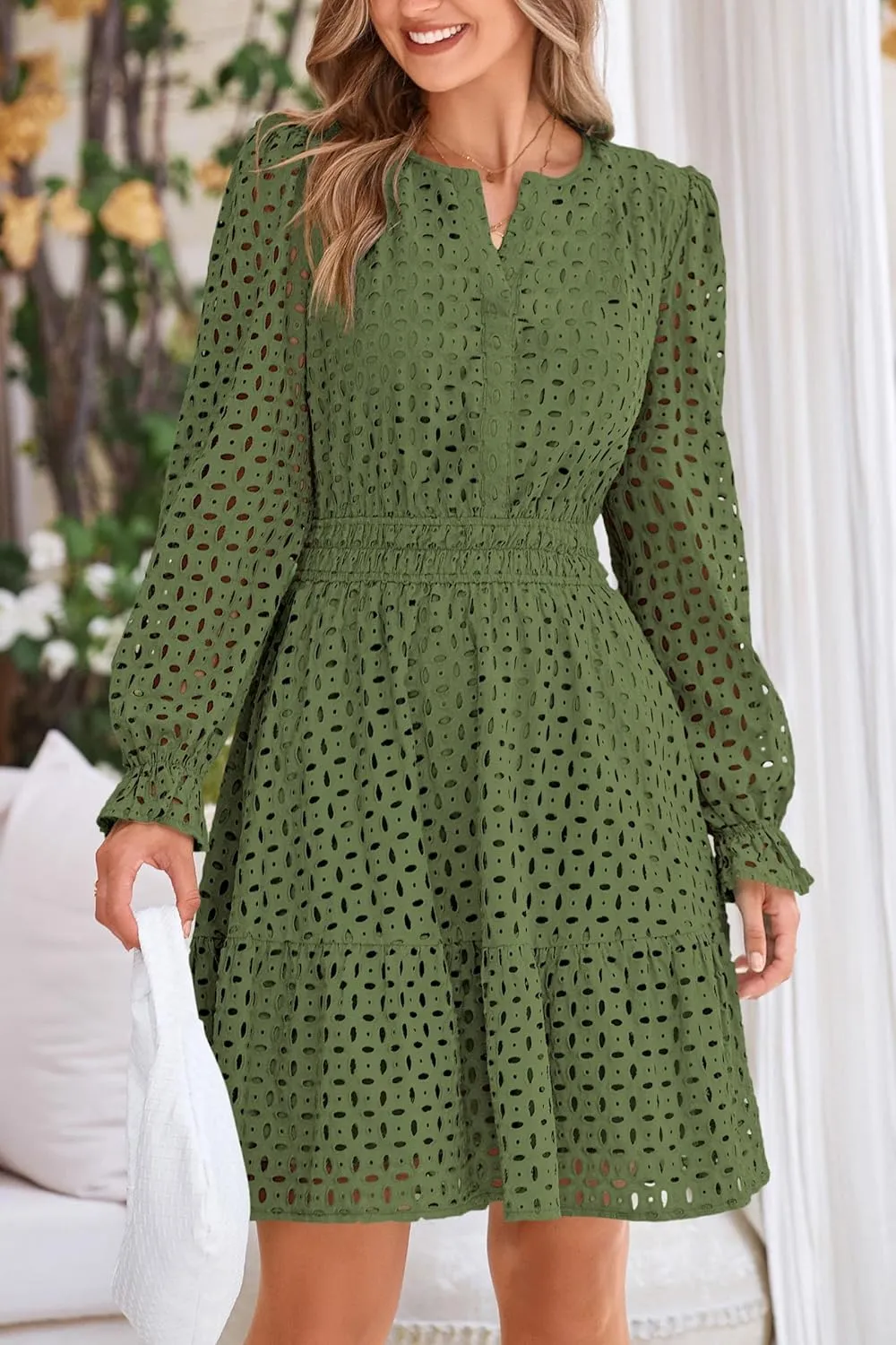 PRETTYGARDEN Women's 2025 Long Sleeve Mini Dress Eyelet V Neck A Line Casual Elegant Holiday Wedding Guest Party Dresses