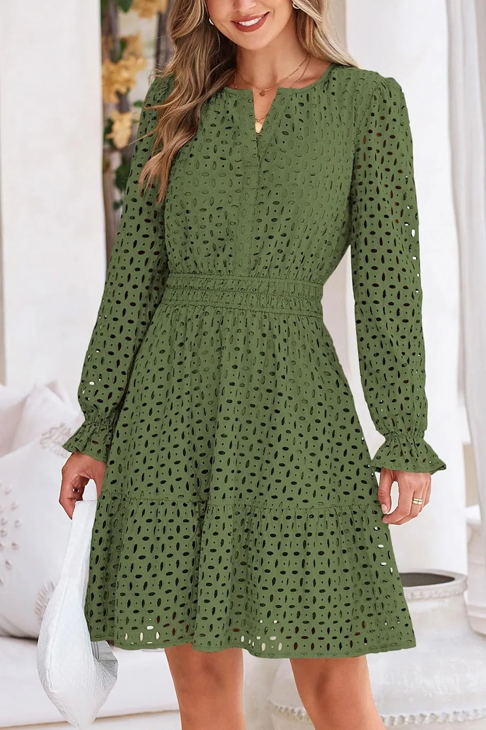 PRETTYGARDEN Women's 2025 Long Sleeve Mini Dress Eyelet V Neck A Line Casual Elegant Holiday Wedding Guest Party Dresses
