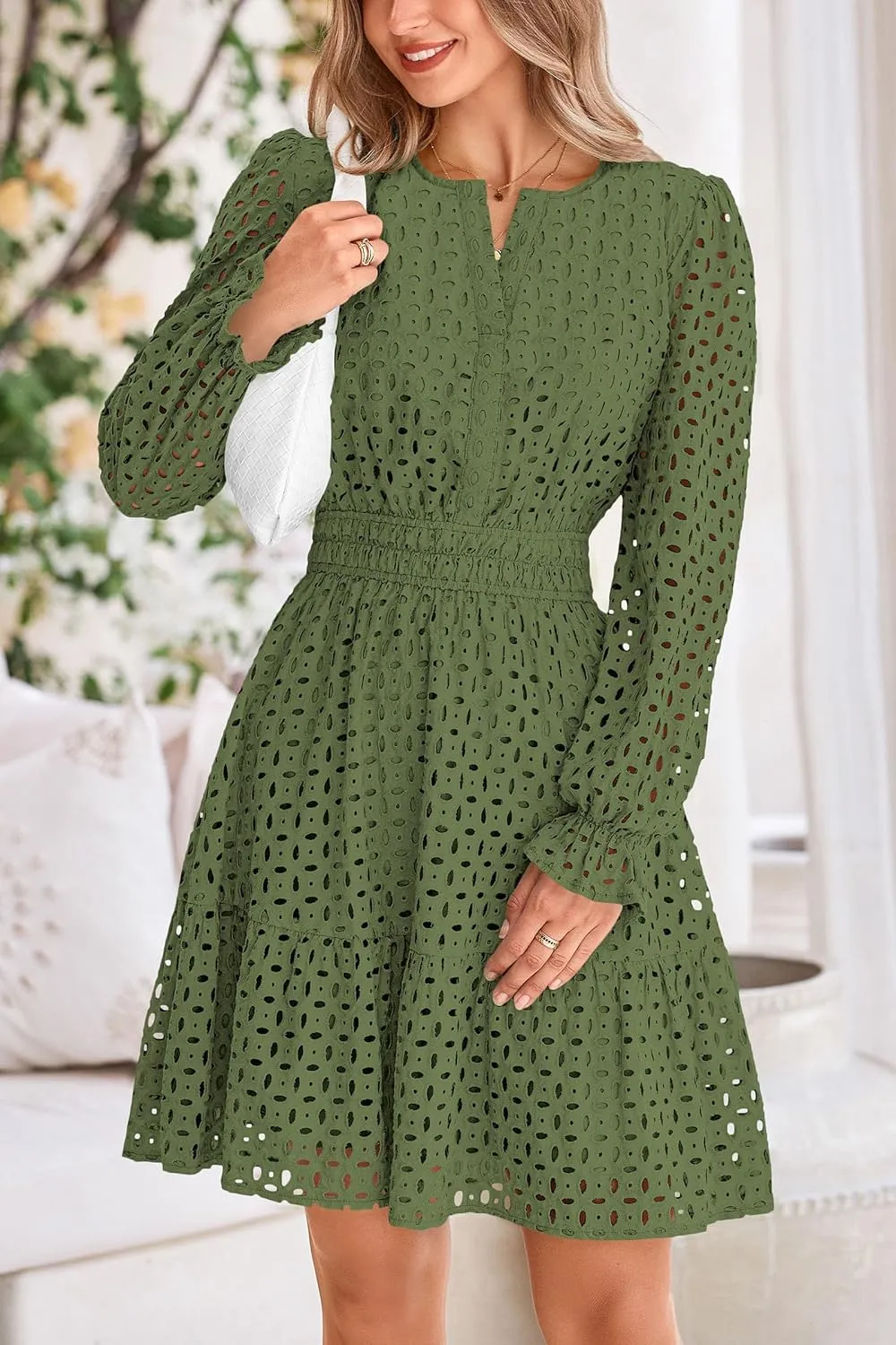 PRETTYGARDEN Women's 2025 Long Sleeve Mini Dress Eyelet V Neck A Line Casual Elegant Holiday Wedding Guest Party Dresses