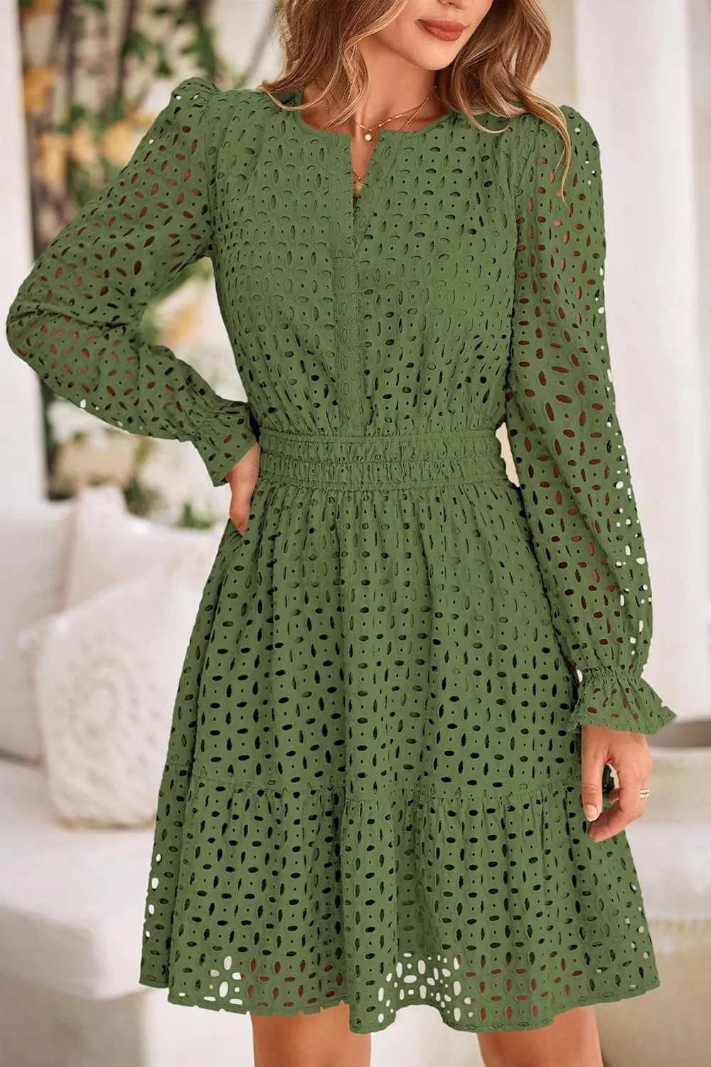 PRETTYGARDEN Women's 2025 Long Sleeve Mini Dress Eyelet V Neck A Line Casual Elegant Holiday Wedding Guest Party Dresses