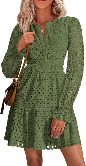 PRETTYGARDEN Women's 2025 Long Sleeve Mini Dress Eyelet V Neck A Line Casual Elegant Holiday Wedding Guest Party Dresses