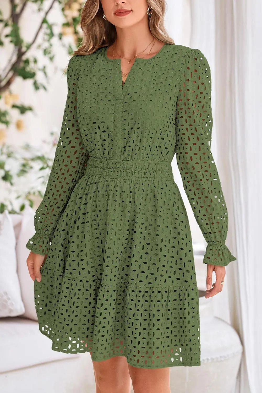 PRETTYGARDEN Women's 2025 Long Sleeve Mini Dress Eyelet V Neck A Line Casual Elegant Holiday Wedding Guest Party Dresses