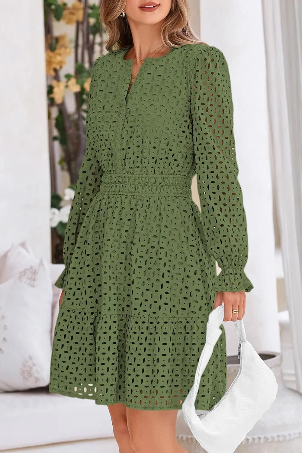 PRETTYGARDEN Women's 2025 Long Sleeve Mini Dress Eyelet V Neck A Line Casual Elegant Holiday Wedding Guest Party Dresses