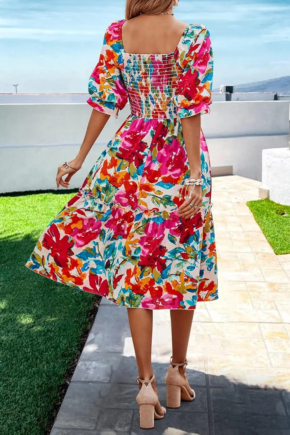 PRETTYGARDEN Women's Summer Casual Dresses 2025 Spring Puff Sleeve Square Neck A-line Flowy Boho Floral Smocked Midi Dress