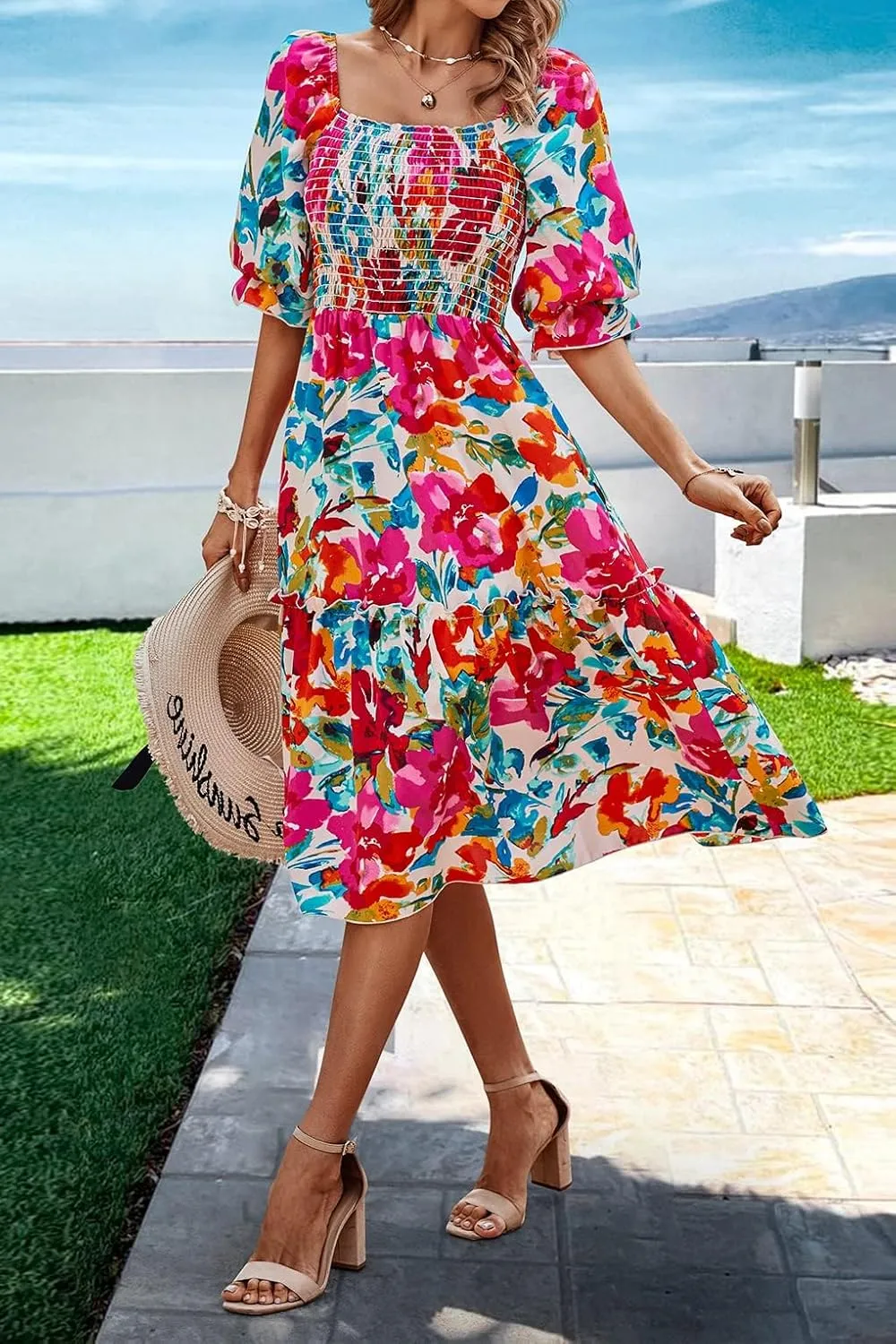 PRETTYGARDEN Women's Summer Casual Dresses 2025 Spring Puff Sleeve Square Neck A-line Flowy Boho Floral Smocked Midi Dress