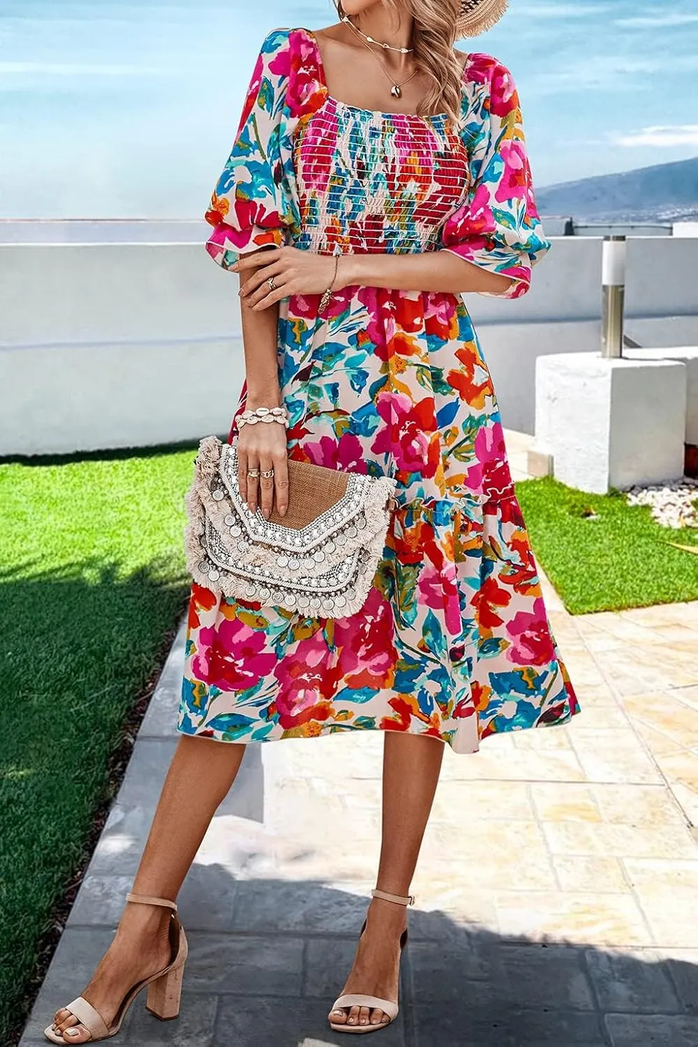 PRETTYGARDEN Women's Summer Casual Dresses 2025 Spring Puff Sleeve Square Neck A-line Flowy Boho Floral Smocked Midi Dress