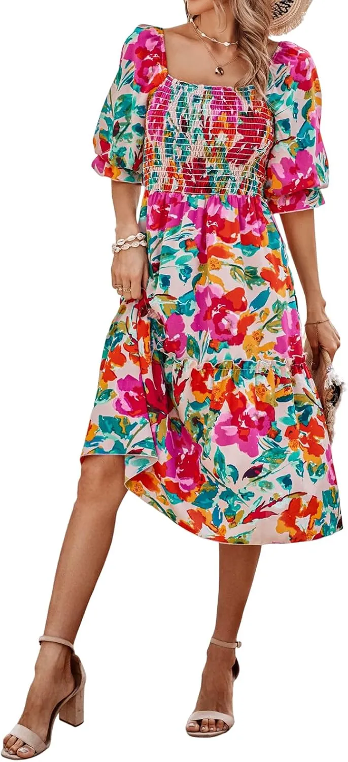 PRETTYGARDEN Women's Summer Casual Dresses 2025 Spring Puff Sleeve Square Neck A-line Flowy Boho Floral Smocked Midi Dress