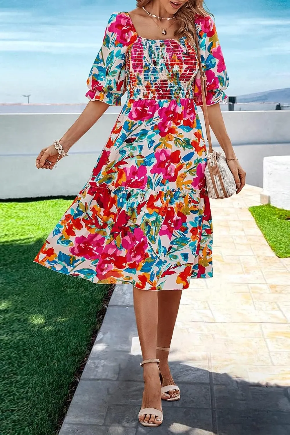 PRETTYGARDEN Women's Summer Casual Dresses 2025 Spring Puff Sleeve Square Neck A-line Flowy Boho Floral Smocked Midi Dress