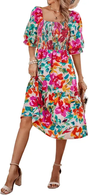 PRETTYGARDEN Women's Summer Casual Dresses 2025 Spring Puff Sleeve Square Neck A-line Flowy Boho Floral Smocked Midi Dress