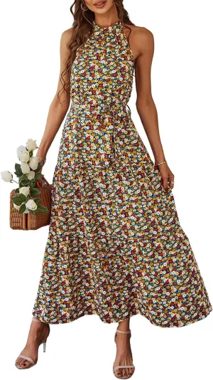 PRETTYGARDEN Women's Summer Floral Maxi Sun Dress Sleeveless Halter Neck Flowy Ruffle Hem Long Boho Dresses with Belt